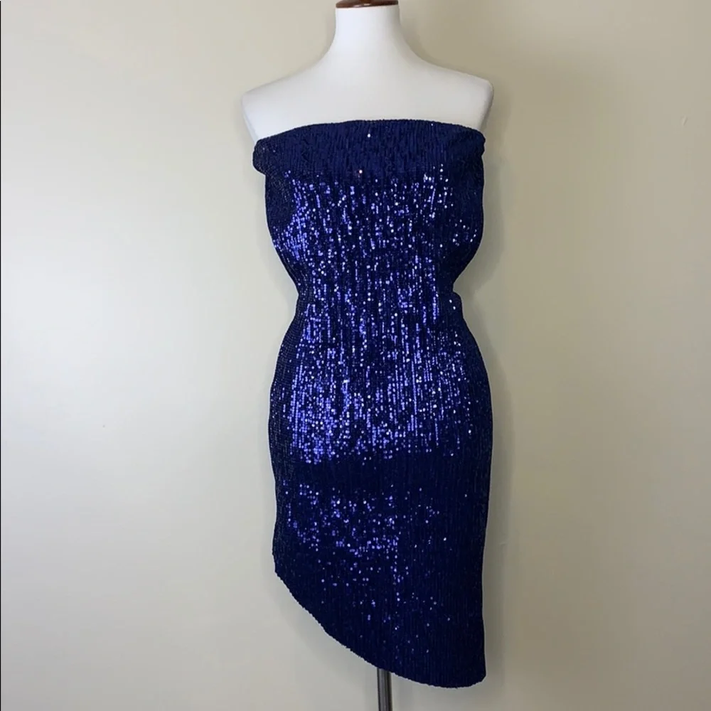 BLITHE Blue Halter Sequins Mini Assymetric Dress - Picture 2 of 8